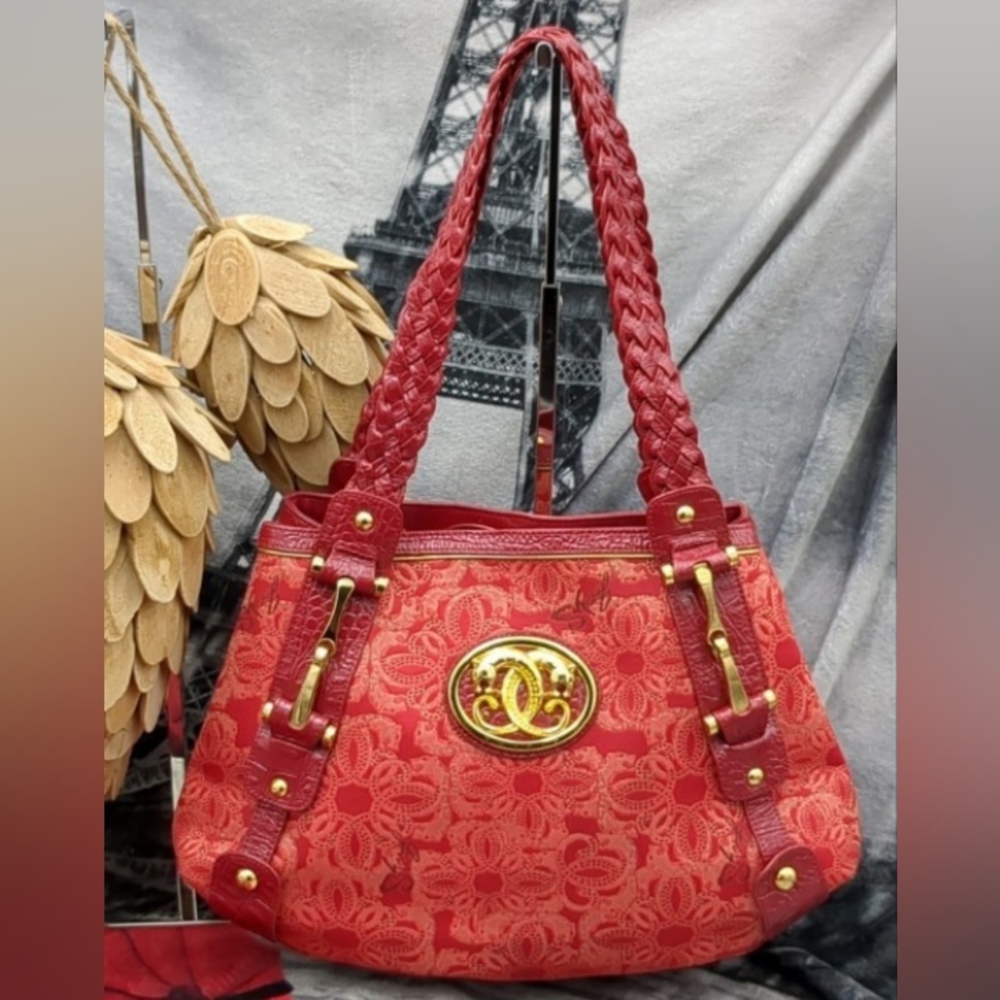 SHARIF Red Braided-Handle Shoulder Bag with Gold Logo Accent LUXURY